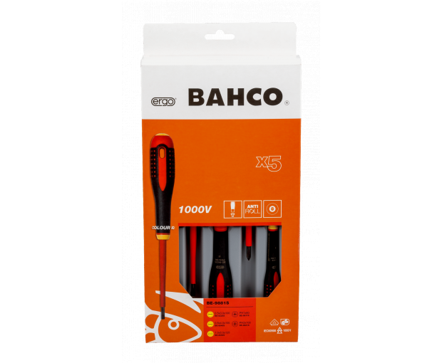 Комплект 5 броя отвертки ERGO 1000V - шлиц и PH BAHCO BE-9881S