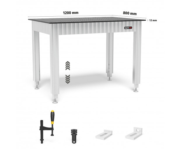 Работна маса Siegmund с регулируема височина със стоманен плот 1200x800 мм и включени аксесоари