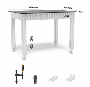 Работна маса Siegmund с регулируема височина със стоманен плот 1200x800 мм и включени аксесоари